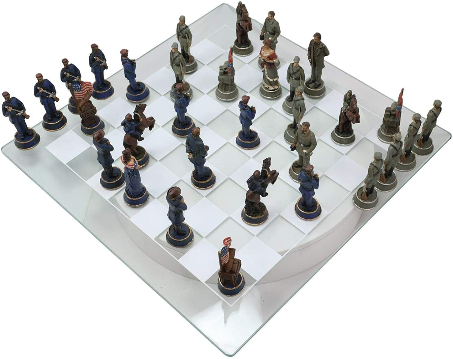 CIVIL WAR YANKEE NORTH against SOUTH REBELS CHESS PIECES and GLASS BOARD SET
