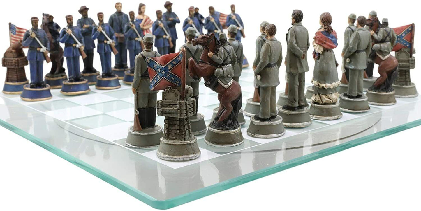 CIVIL WAR YANKEE NORTH against SOUTH REBELS CHESS PIECES and GLASS BOARD SET