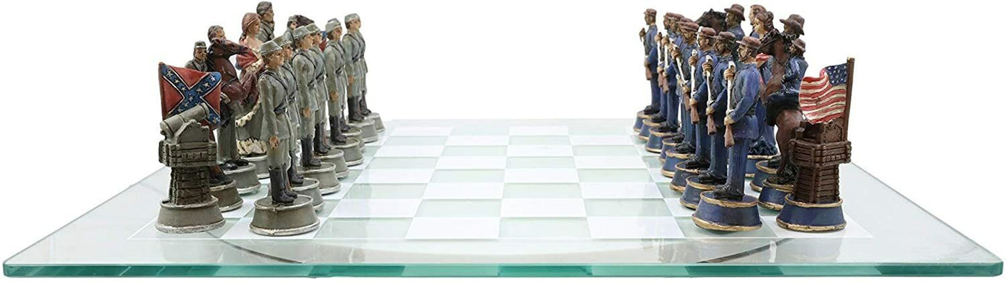 CIVIL WAR YANKEE NORTH against SOUTH REBELS CHESS PIECES and GLASS BOARD SET
