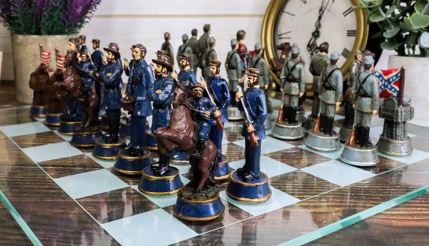 CIVIL WAR YANKEE NORTH against SOUTH REBELS CHESS PIECES and GLASS BOARD SET