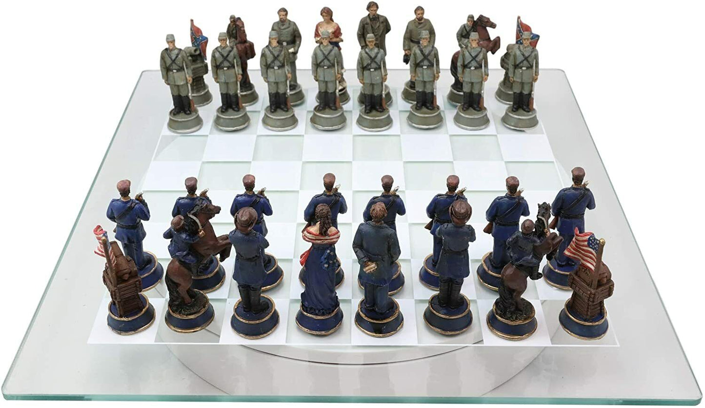 CIVIL WAR YANKEE NORTH against SOUTH REBELS CHESS PIECES and GLASS BOARD SET