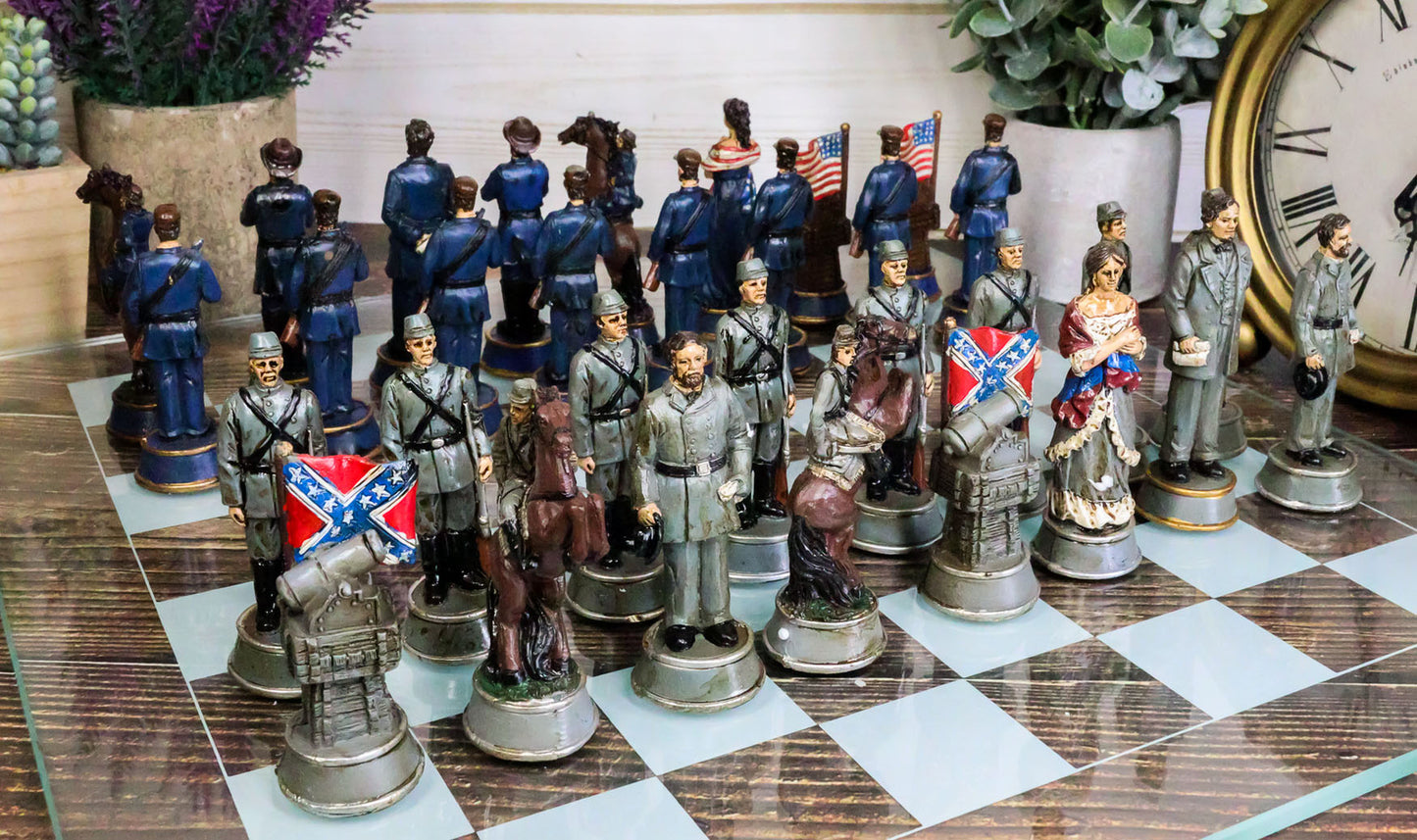 CIVIL WAR YANKEE NORTH against SOUTH REBELS CHESS PIECES and GLASS BOARD SET