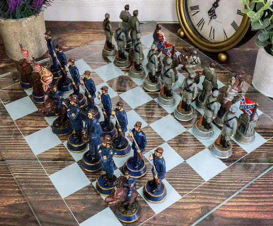 CIVIL WAR YANKEE NORTH against SOUTH REBELS CHESS PIECES and GLASS BOARD SET
