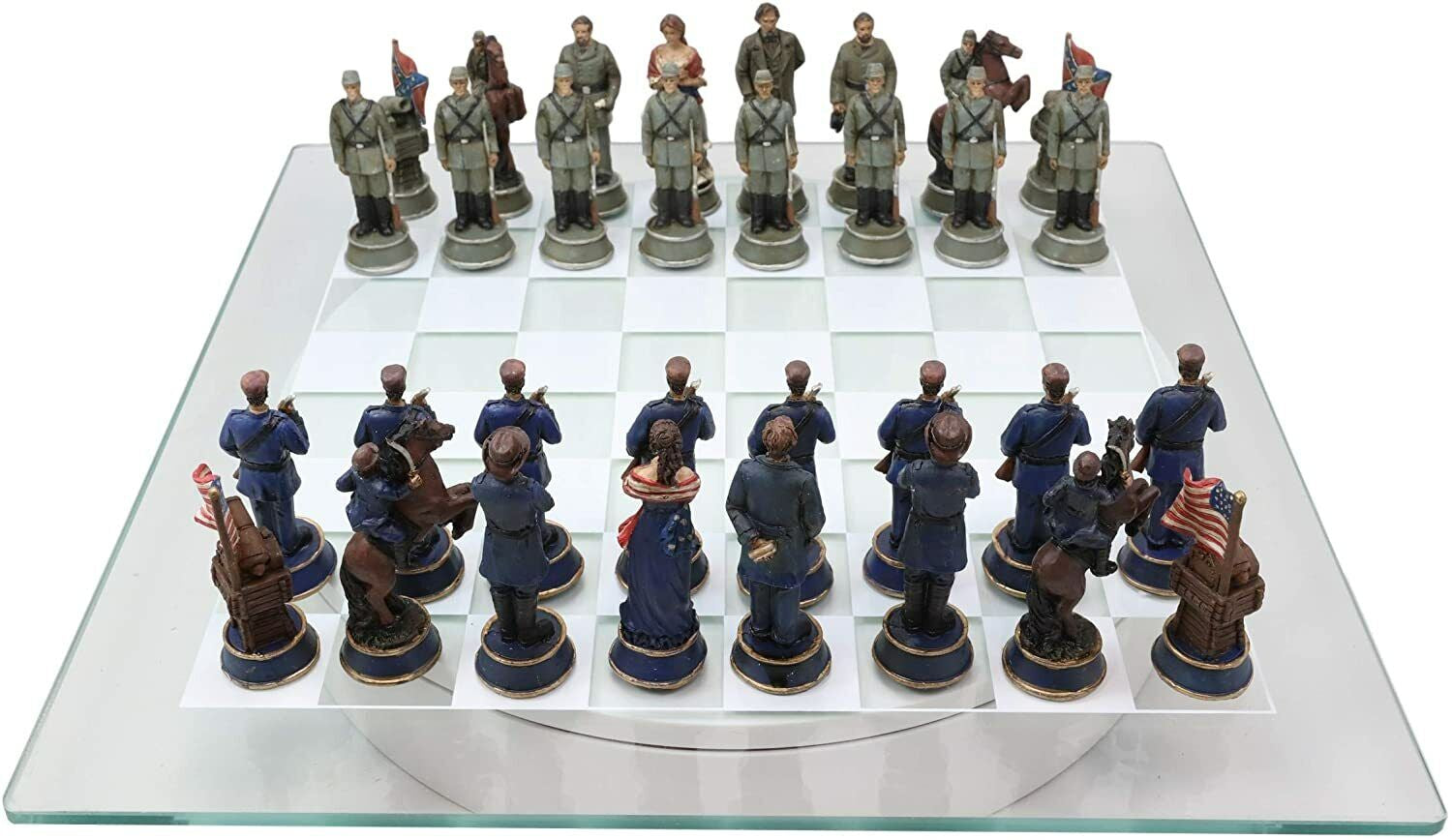 CIVIL WAR YANKEE NORTH against SOUTH REBELS CHESS PIECES and GLASS BOARD SET